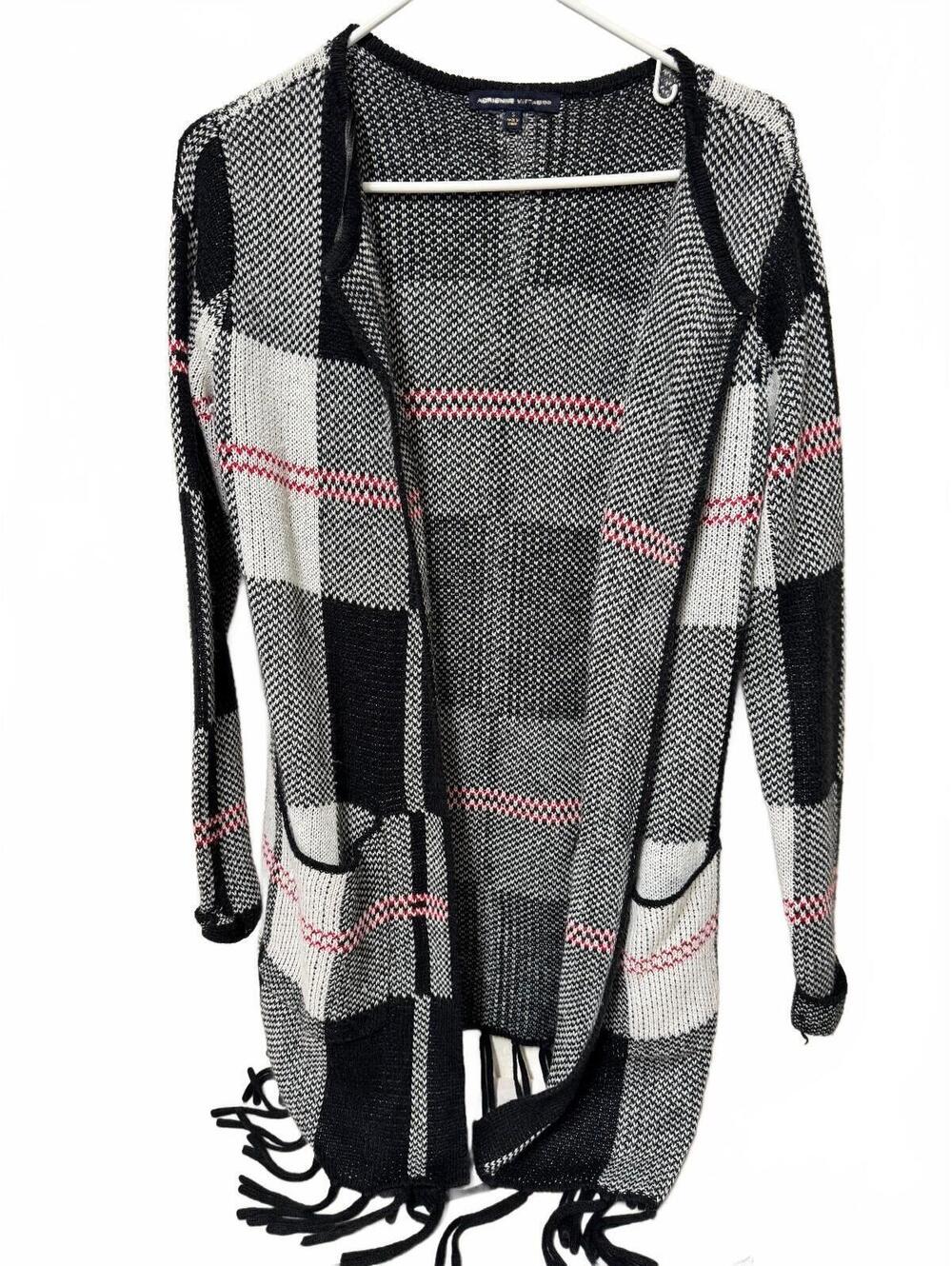 Adrienne Vittadini Plaid Fringe Open Front Cardigan Black White Red S